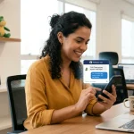 Mulher no escritório utilizando chatbot de atendimento ao cliente pelo smartphone com laptop aberto e ambiente de trabalho moderno ao fundo.