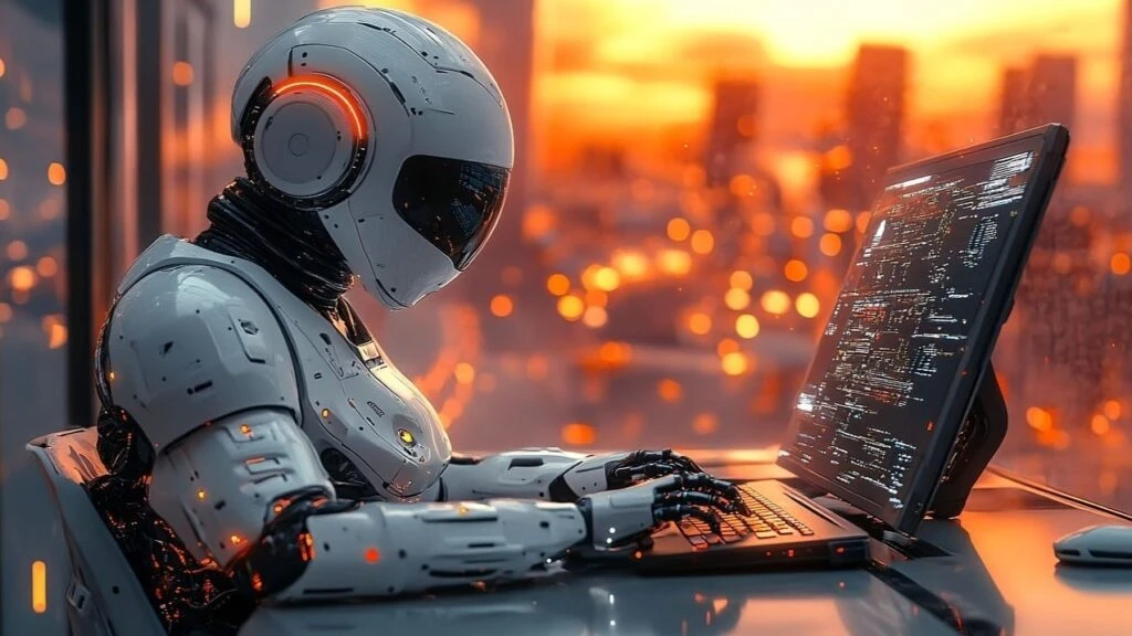 Rob&ocirc; futurista trabalhando em computador com fundo urbano ao p&ocirc;r do sol, simbolizando tecnologia avan&ccedil;ada e inova&ccedil;&atilde;o em intelig&ecirc;ncia artificial.