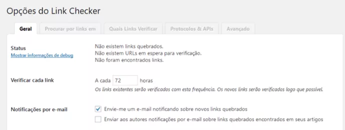 Opções do plugin link checker