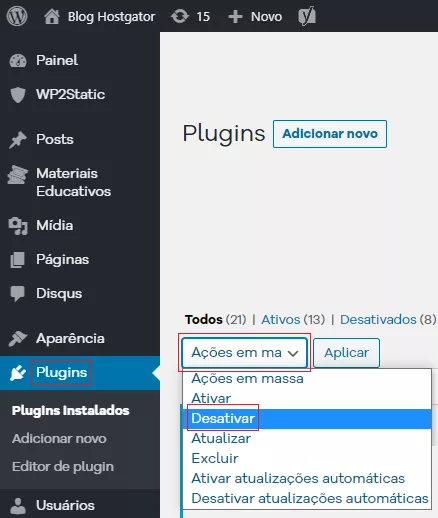 Desativação de plugins WordPress