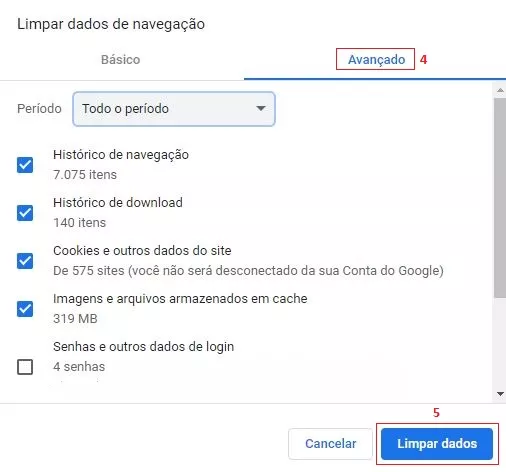 Limpar dados de navegação Google Chrome