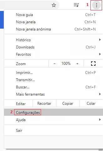 Menu configurações Google Chrome