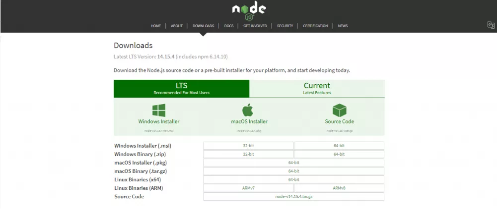 Print de tela do site Node.js.