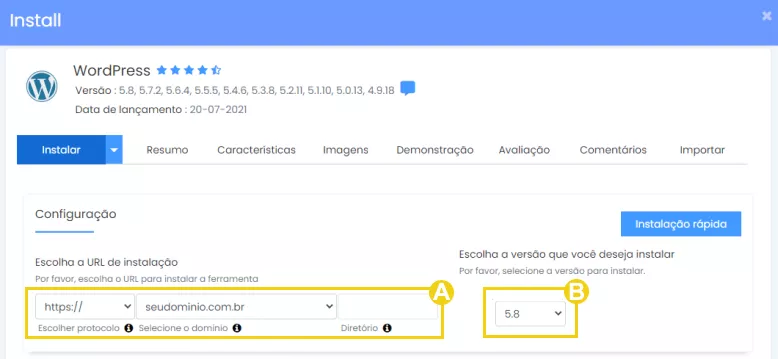 Configurações para instalar WordPress