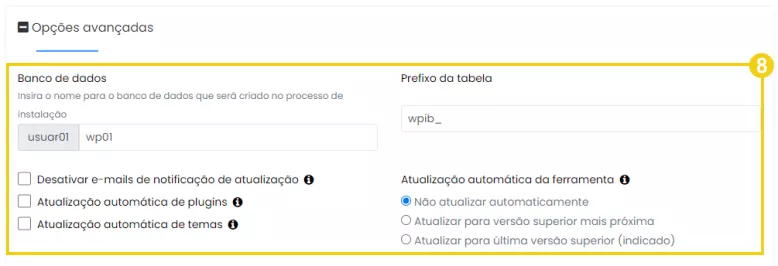 Opções avançadas na instalação WordPress