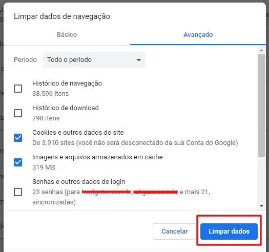 Limpar dados de navegação