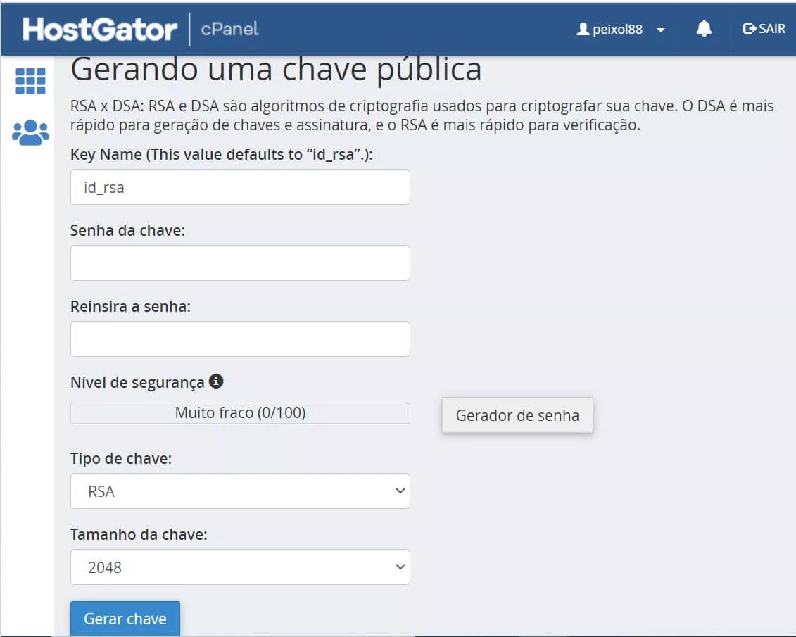 chave ssh cpanel