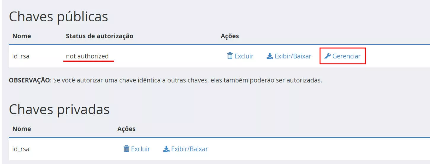 não autorizado chave ssh cpanel