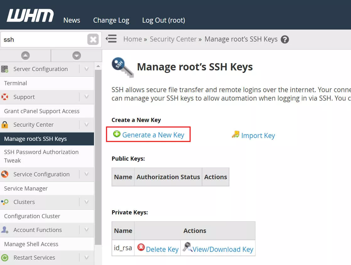 gerar chave ssh root WHM