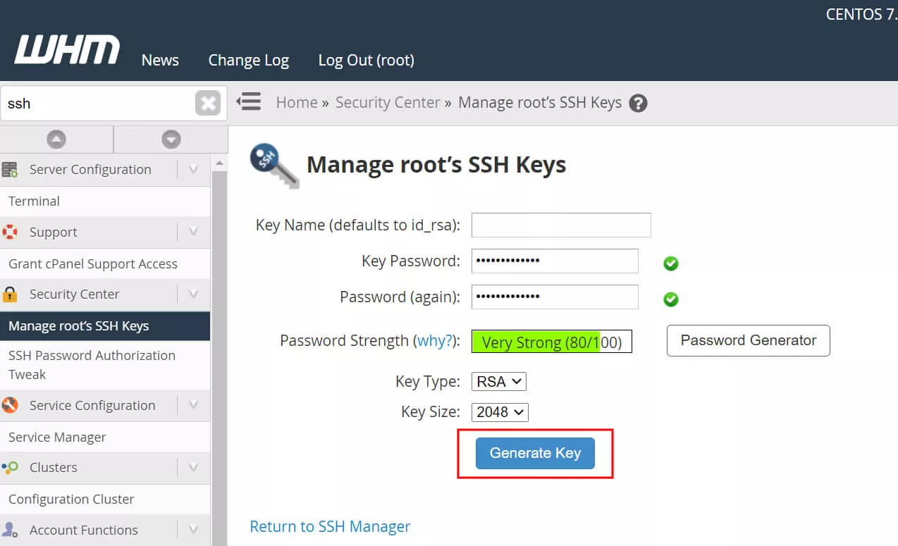chave ssh root WHM