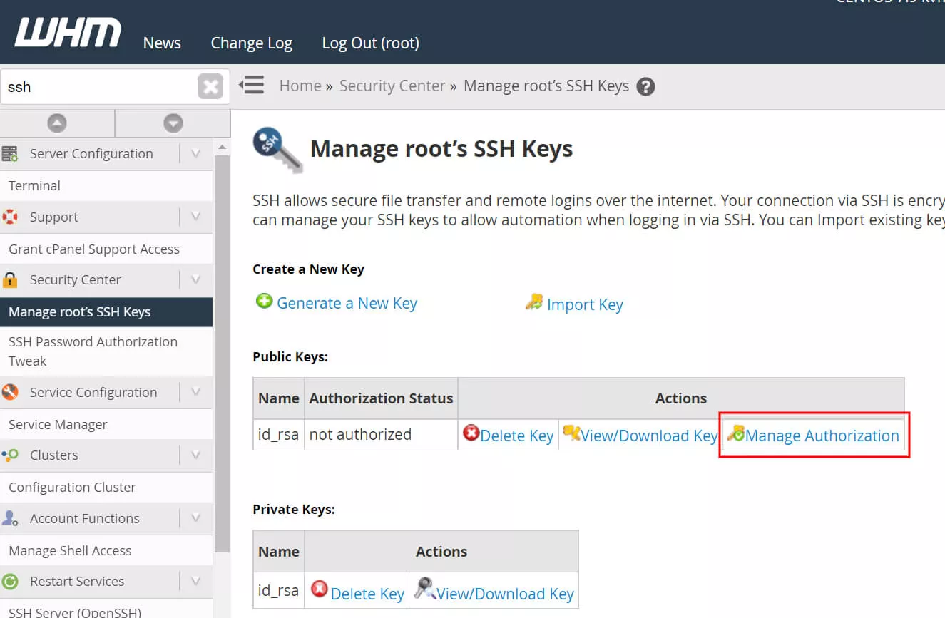 autorizar chave ssh root whm