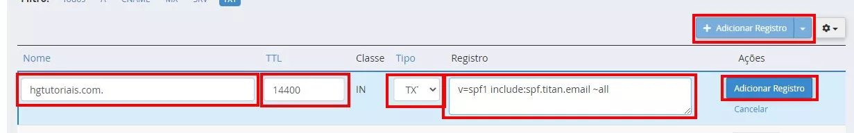 cPanel>zona de DNS> Gerenciar> adicionar registro TXT spf
