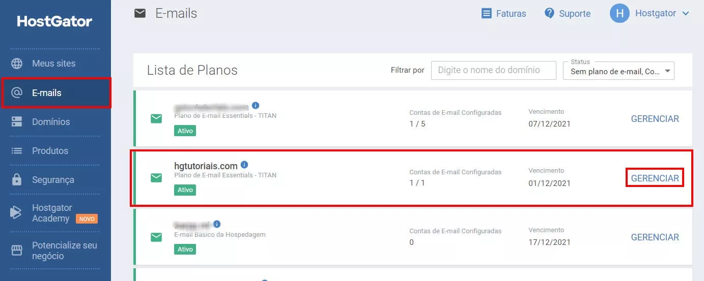 Portal do cliente> E-mails> Gerenciar