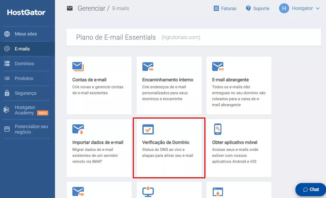 Portal do cliente> E-mails> Gerenciar> Verificação de domínio