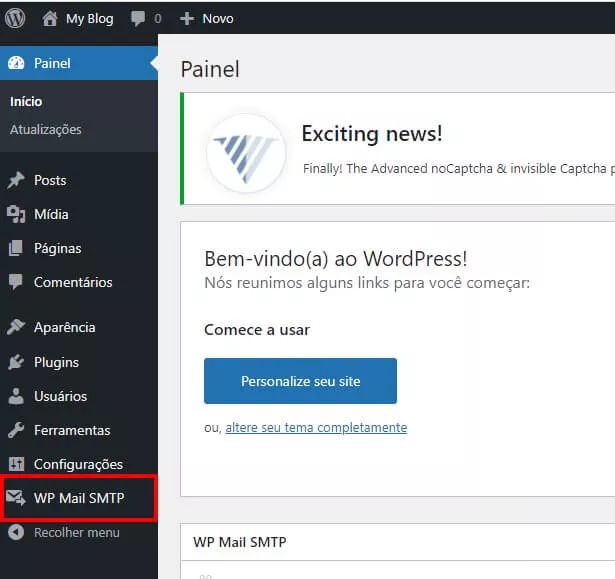 WP Mail SMTP na barra lateral do wp-admin