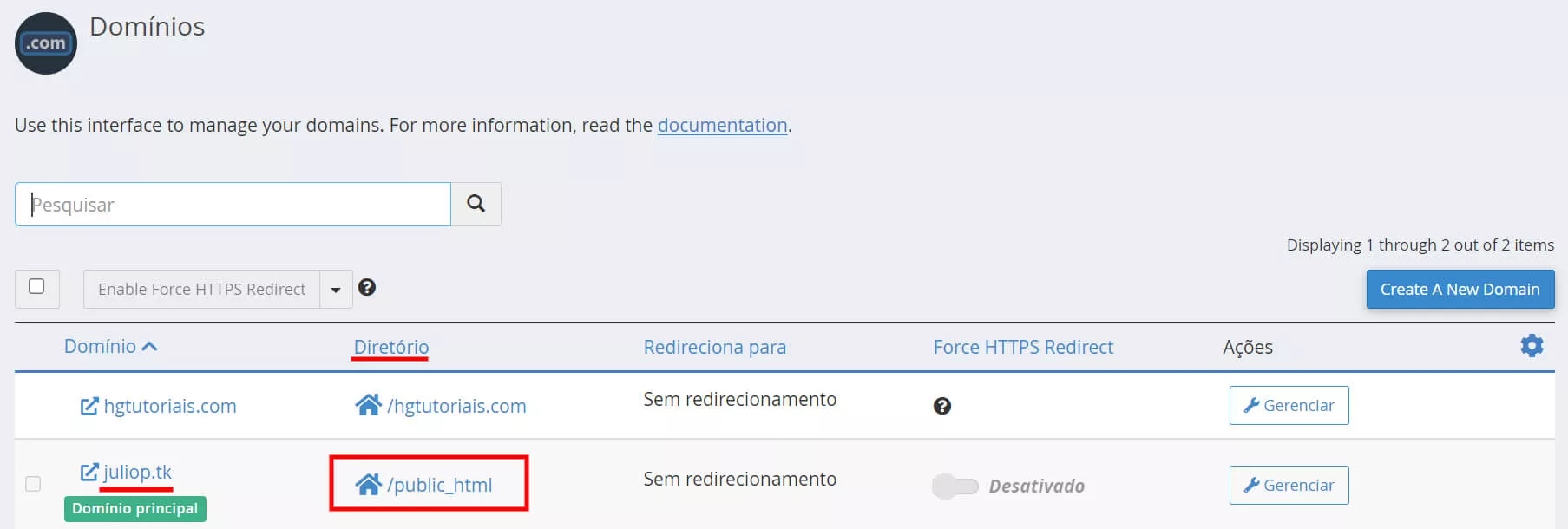 dominios diretório cpanel