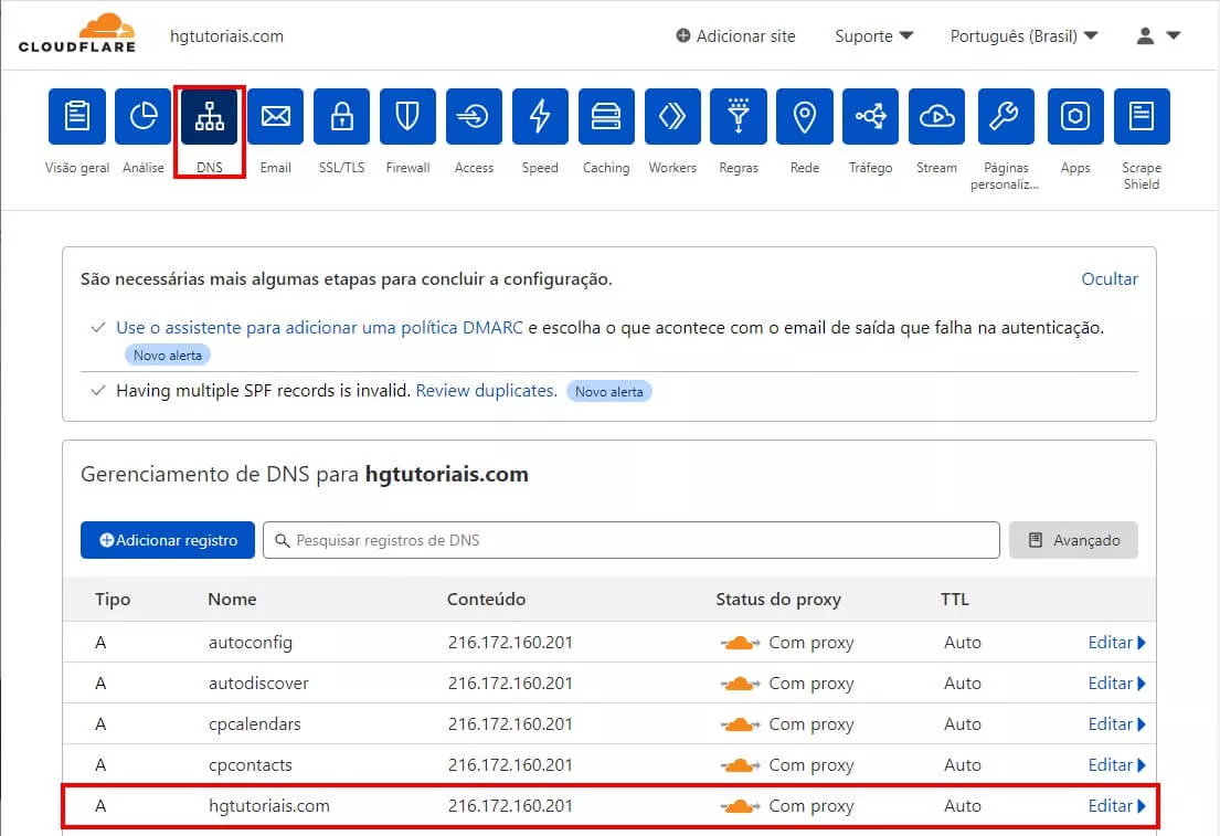 Zona de DNS apontamento tipo A Cloudflare