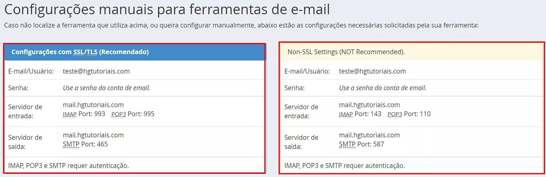 Configurações IMAP e POP com e sem SSL para o Webmail