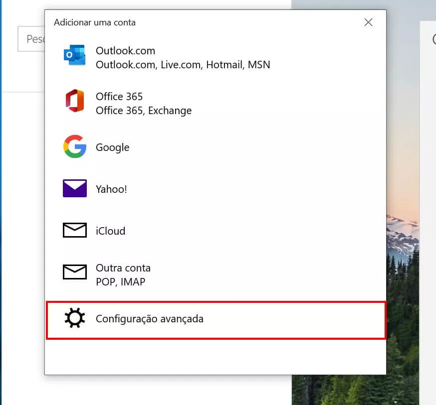 configurações avançadas windows mail