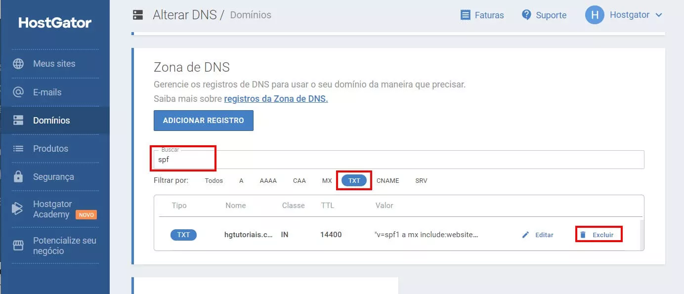 Portal do cliente TITAN SPF excluir