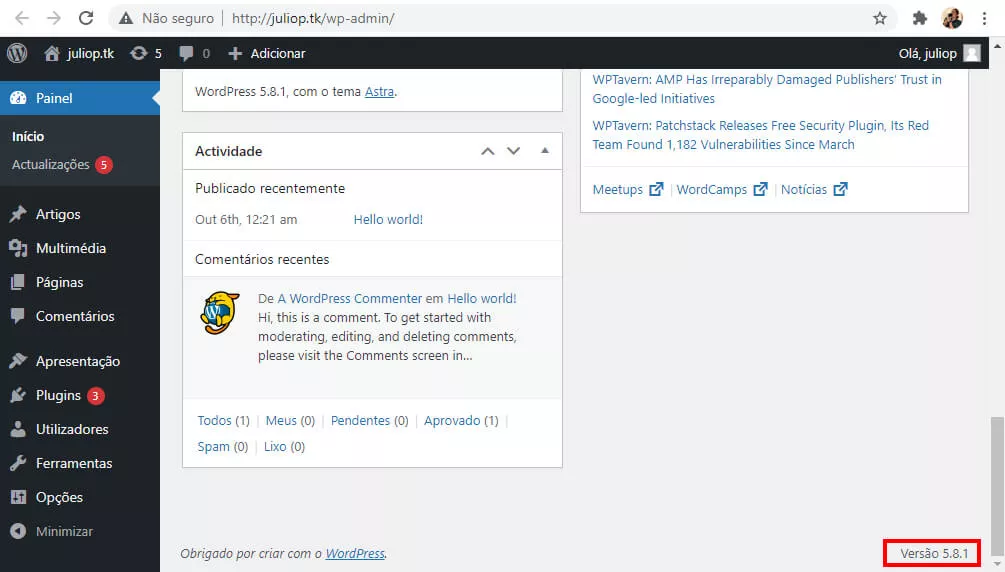 wp-admin versão do wordpress