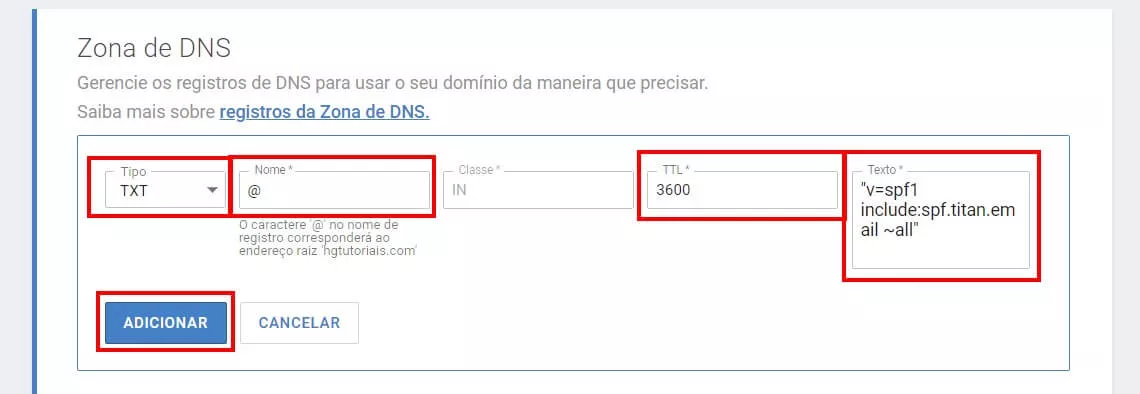 Portal do cliente adicionar SPF
