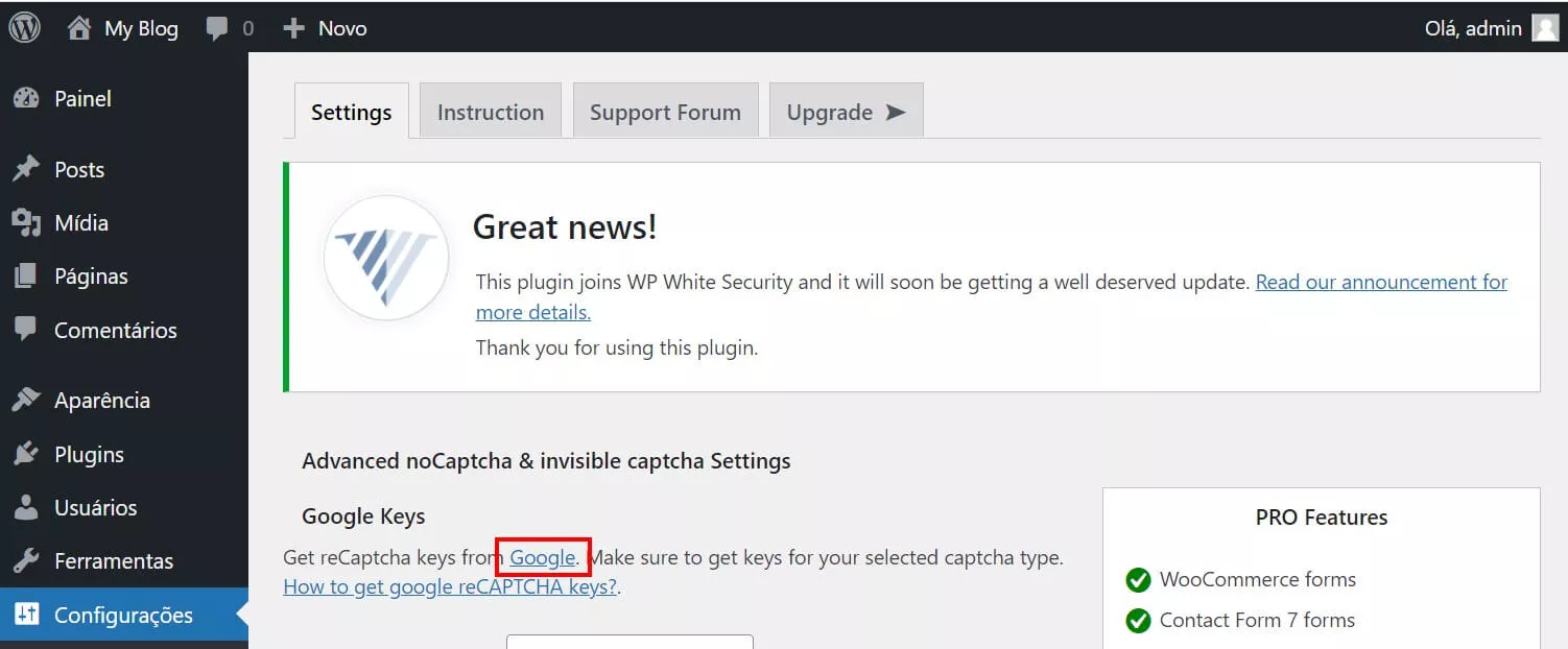 Clicando no link do google para configurar o plugin