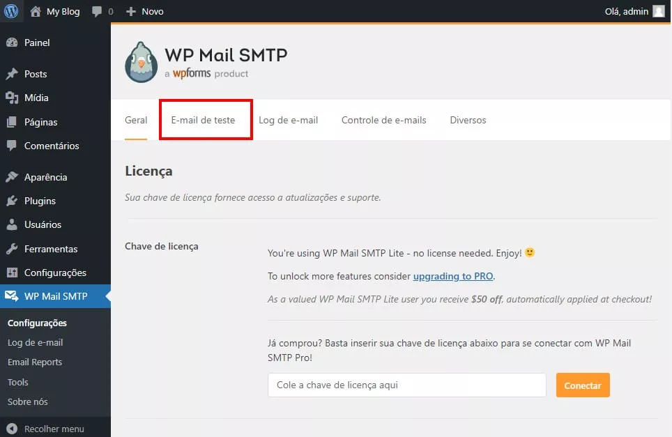 Realizando o teste de sucesso do plugin WP Mail SMTP para funcionamento do titan