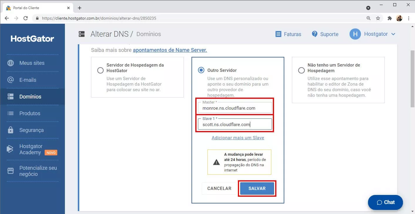 Alterar dns hostgator portal do cliente