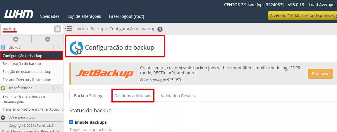 Configuração de backup no WHM