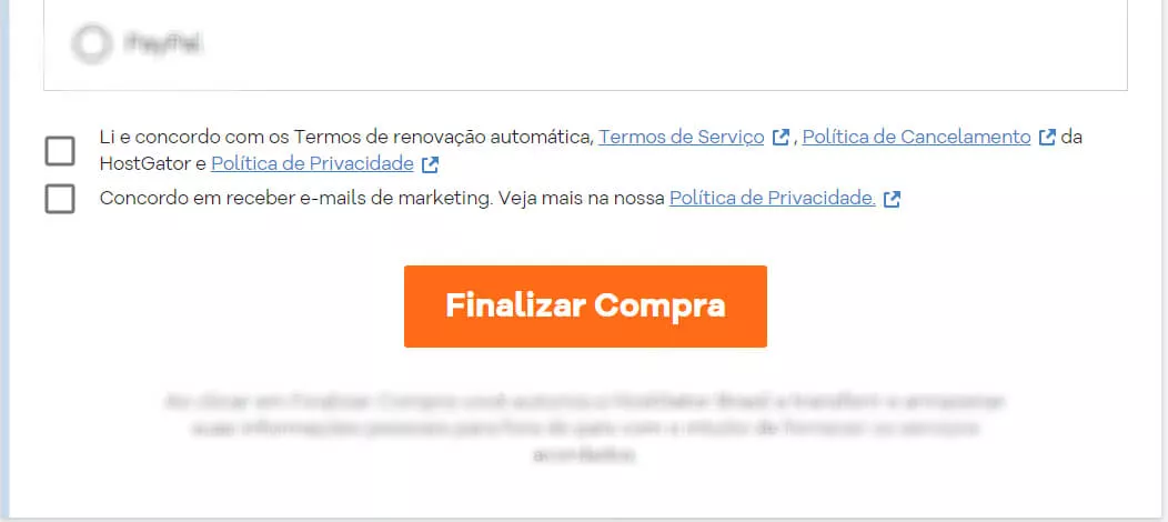 Finalizar compra e aceitar com os Termos