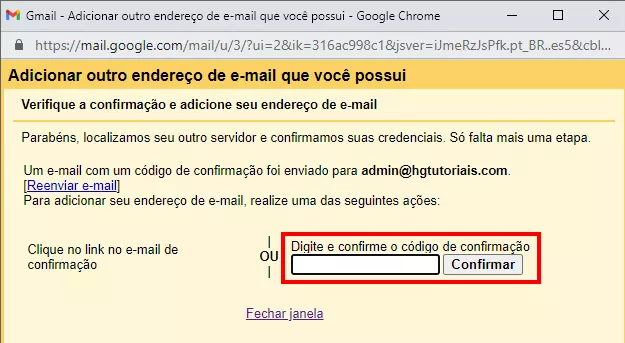 confirmar o código de verificação no gmail