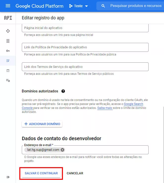 configurações da api do Drive