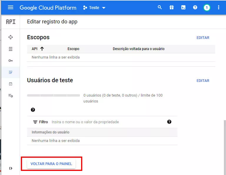 voltando pra painel do projeto no Google Cloud