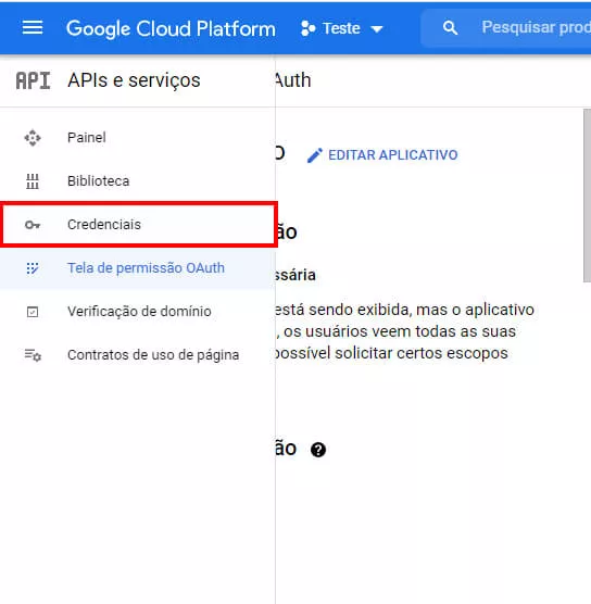 Aba de credenciais do projeto no Google Cloud