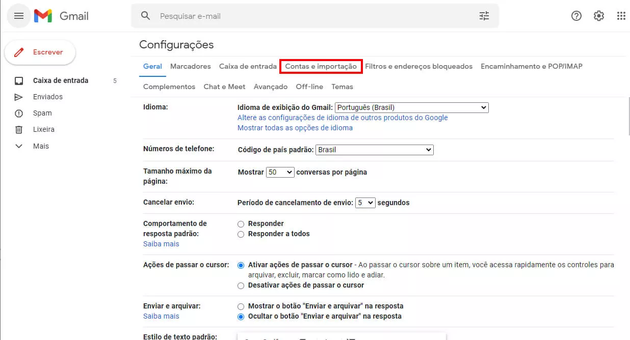 aba contas em importação no gmail