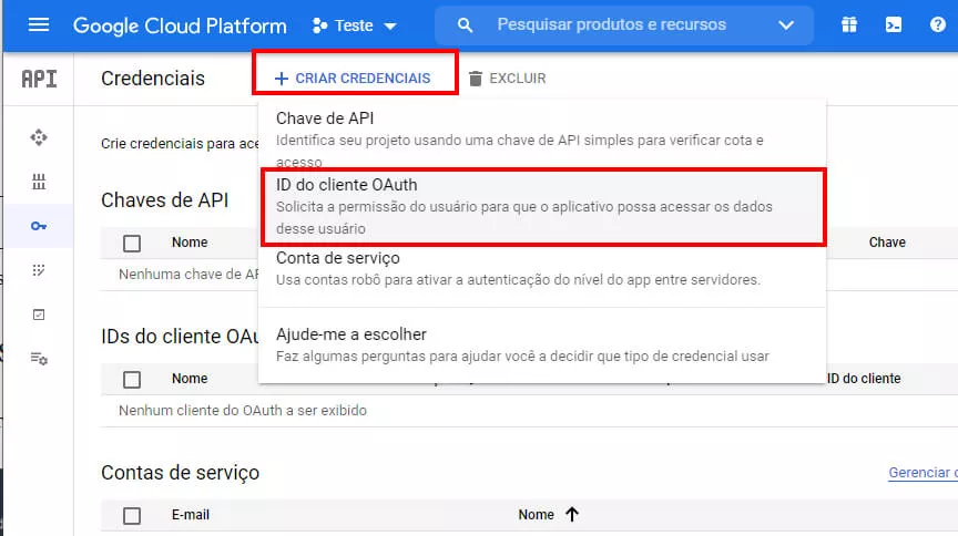 Criando uma credencial de ID do cliente oAuth no Google Cloud