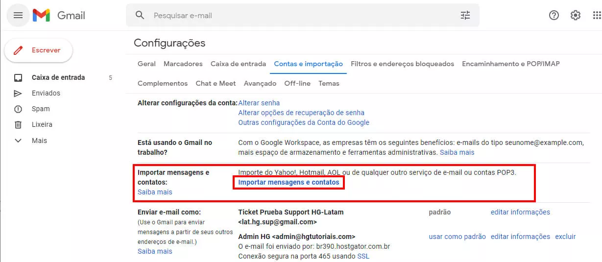 importar mensagens e contatos pro gmail