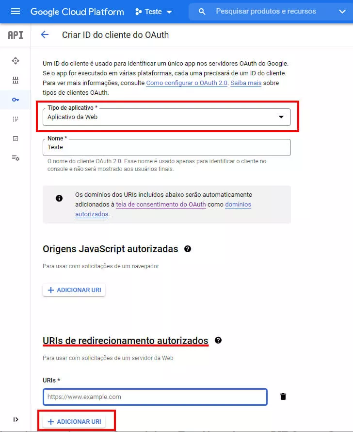 Definindo o ID OAuth no Google Cloud