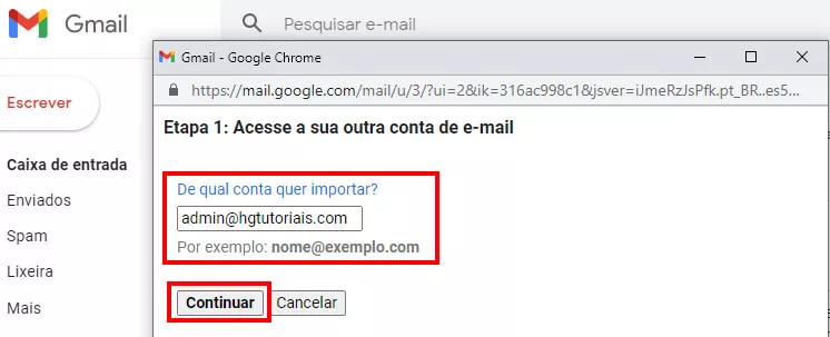 acesse sua conta de email, insira a conta de email do cpanel no gmail