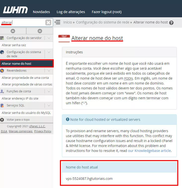 hostname do servidor no WHM