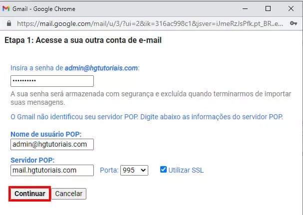 insira senha servidor porta e usuario da conta de email do cpanel no gmail