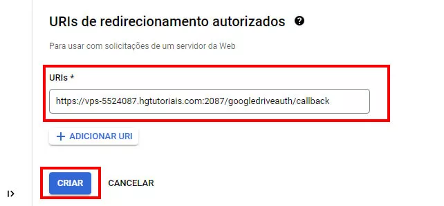 inserindo o hostname no link de URL autorizada no Google Cloud