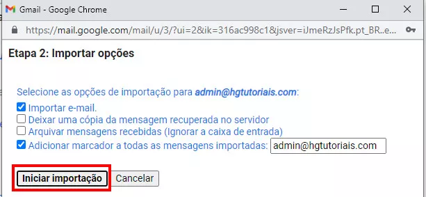 iniciar importação dos emails da conta do cpanel para o gmail