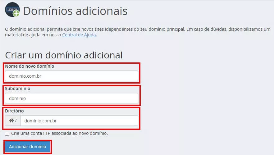Dominios adicionais campos cpanel