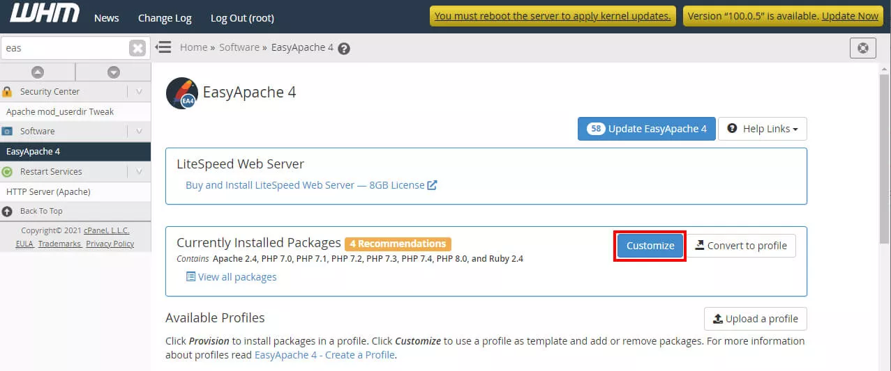 Tela principal do EasyApache 4