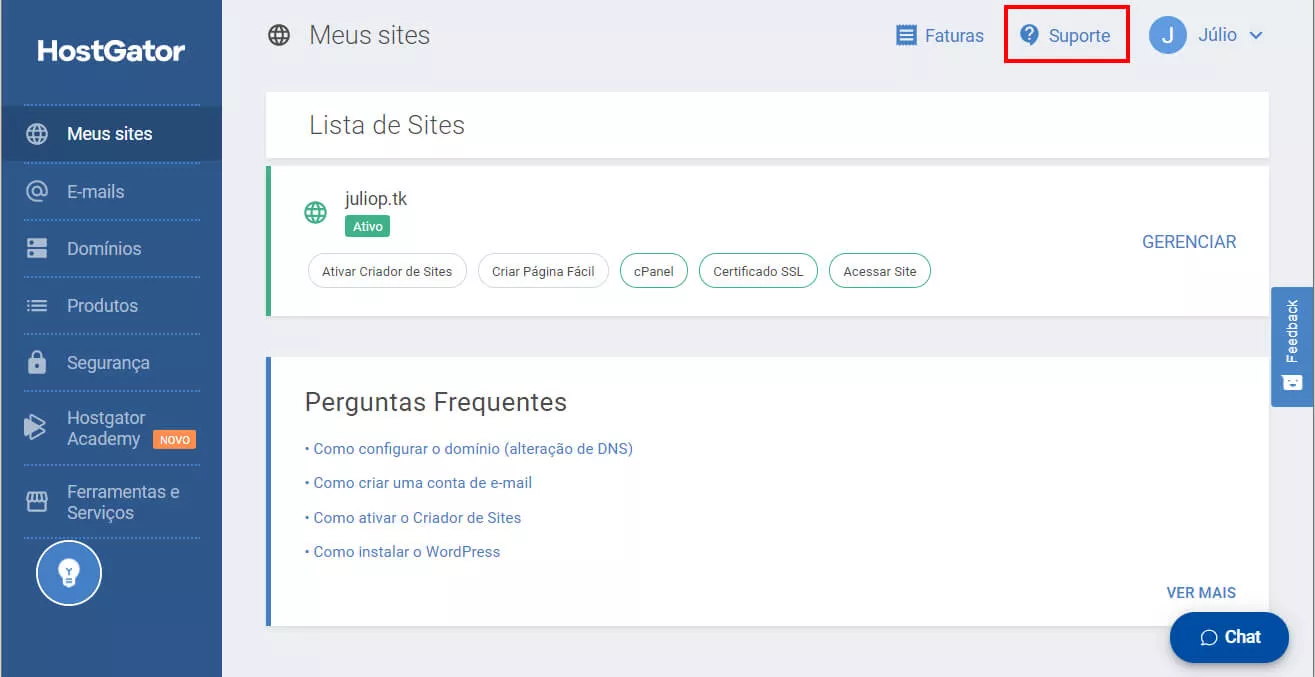 Aba meus sites portal do cliente