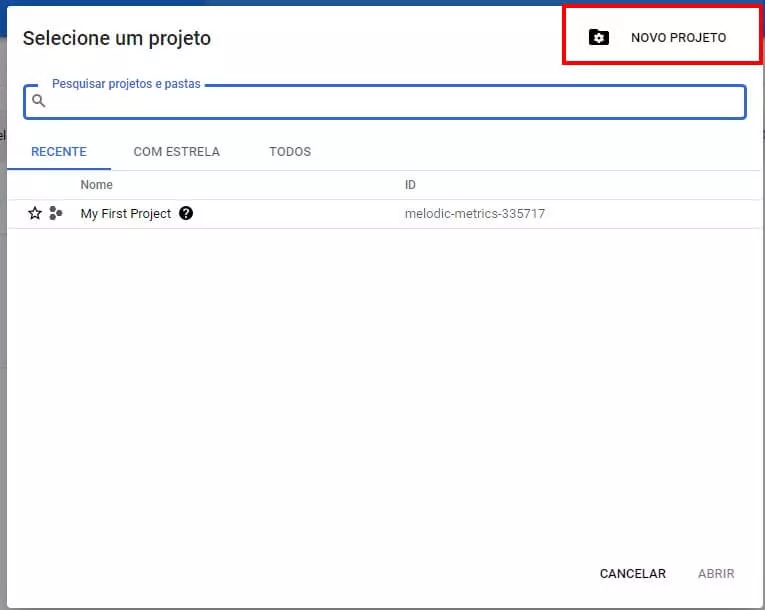 Novo projeto no Google Cloud