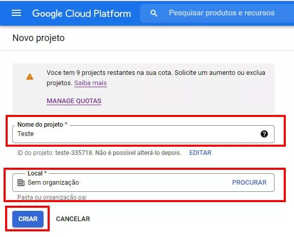 Criando novo projeto no Google Cloud