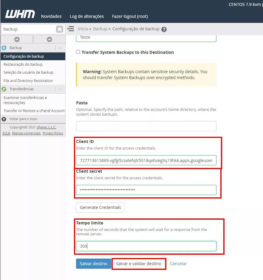 Definindo parametros backup no drive pelo WHM
